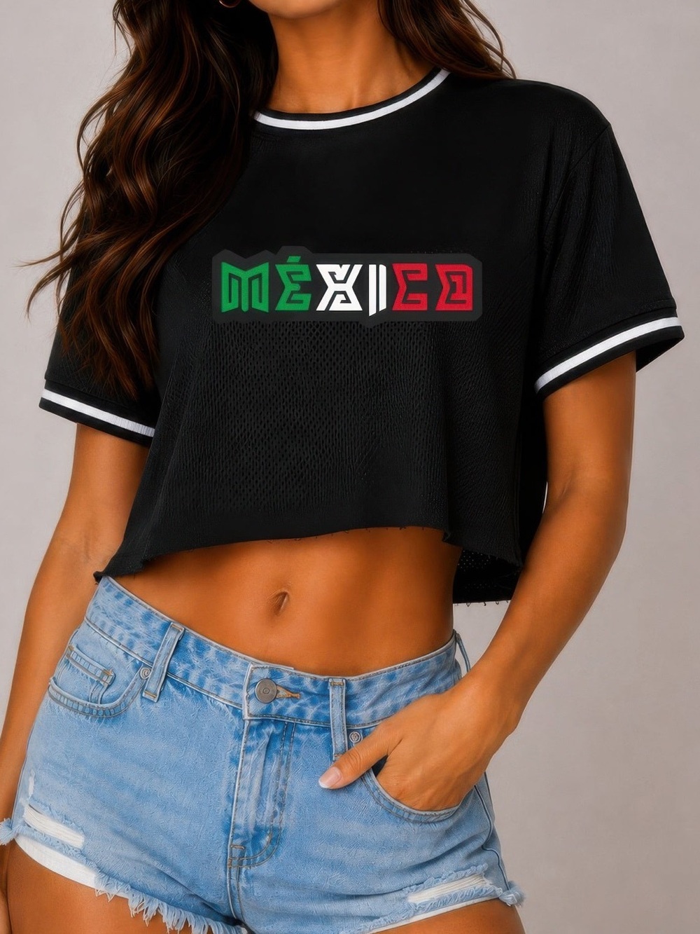 Micro Mesh Mexico Print Crop Top